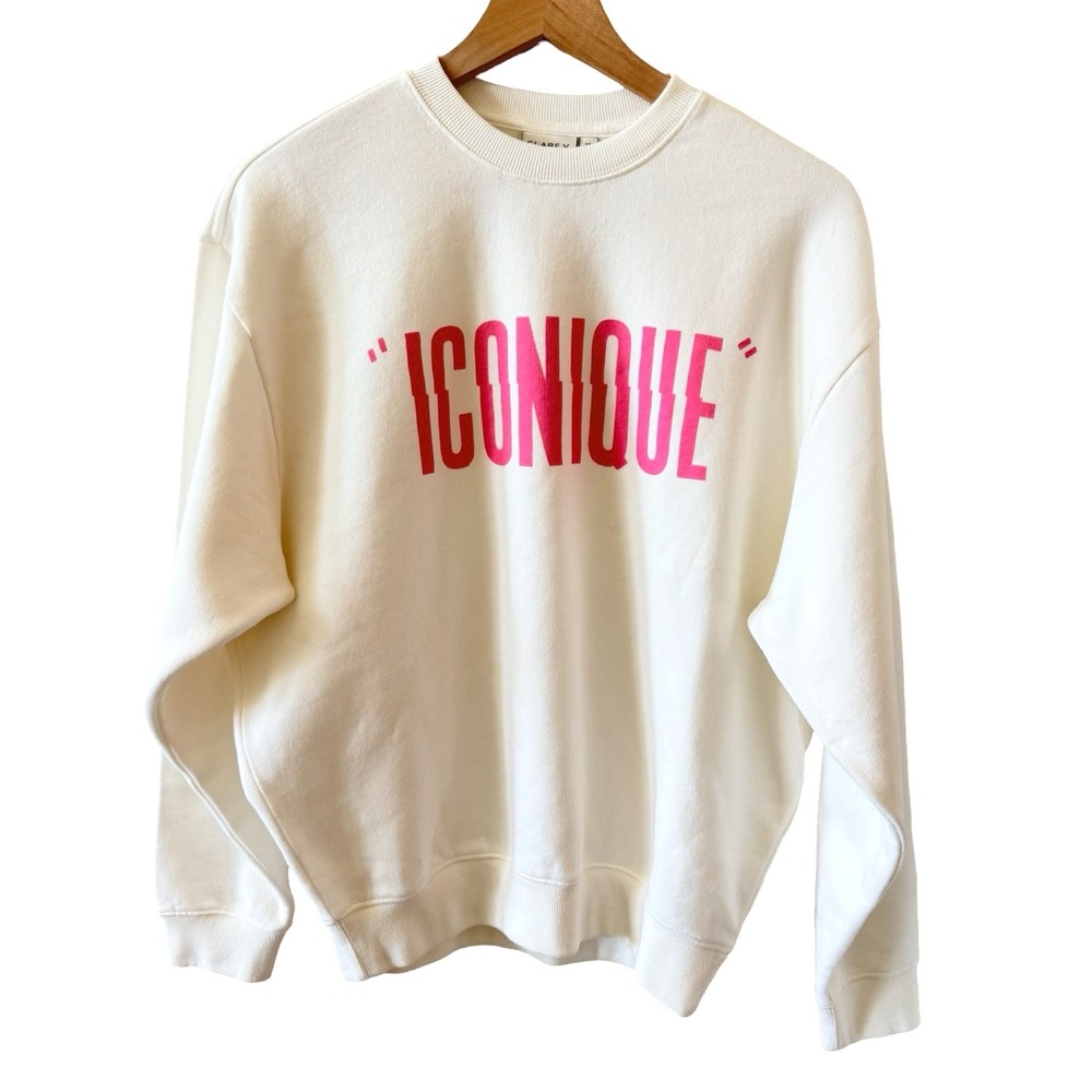 Clare V Iconique Oversized Sweatshirt Womens XS Oyster White Peony NWT Graphic - Picture 2 of 9
